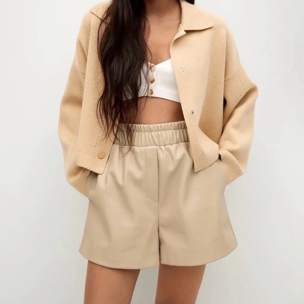 Mango High-Waist Faux Leather Elastic Tan Shorts